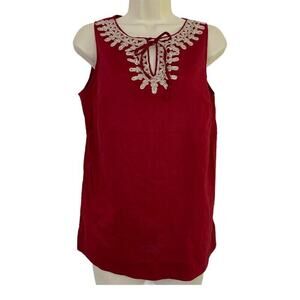 Ann Taylor LOFT Top Womens Small Red Sleeveless Keyhole Neck Embroidered Boho